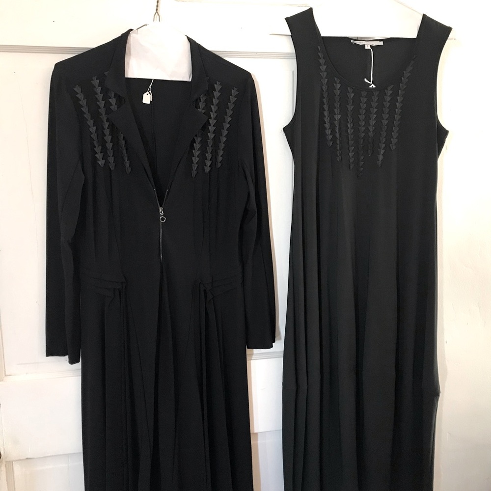 Black dress with tailored jacket, leather details